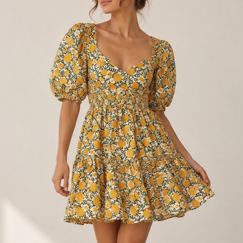 MILLE Aneli Mini Dress Small Citrus Fruit Print Puff Sleeve Babydoll Cottagecore